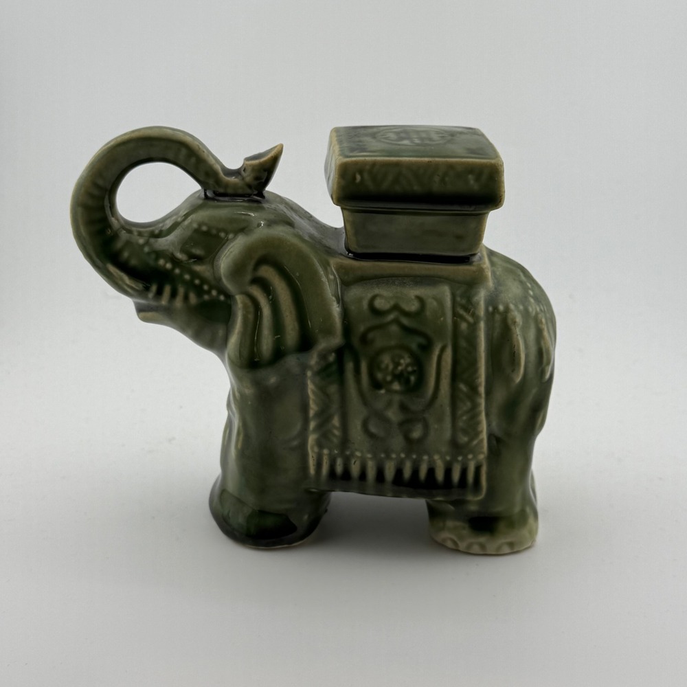 Vintage Olive Green Celadon Glaze Ceramic Elephant Figurine Trunk Up Good Luck